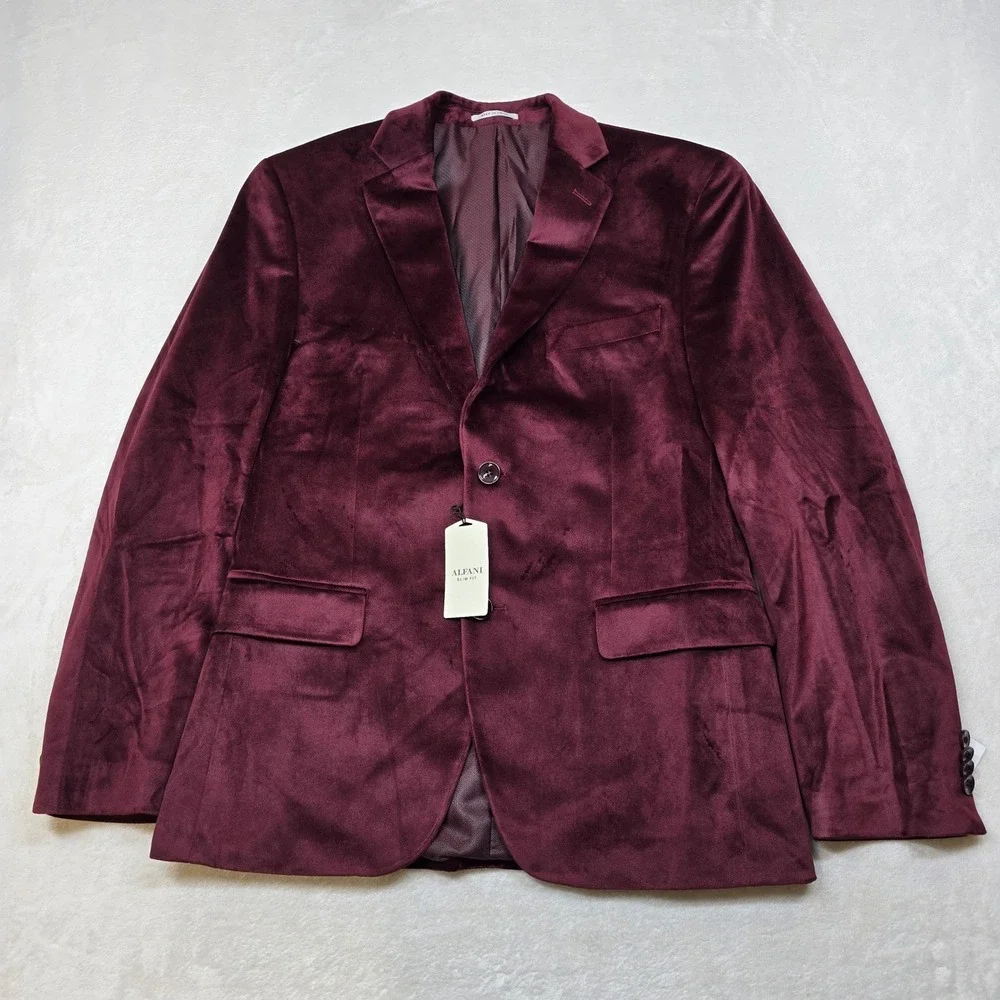 Alfani Slim Fit Velvet Blazer Mens‎ 38S 38 Burgundy Red Sport Coat $295 NEW